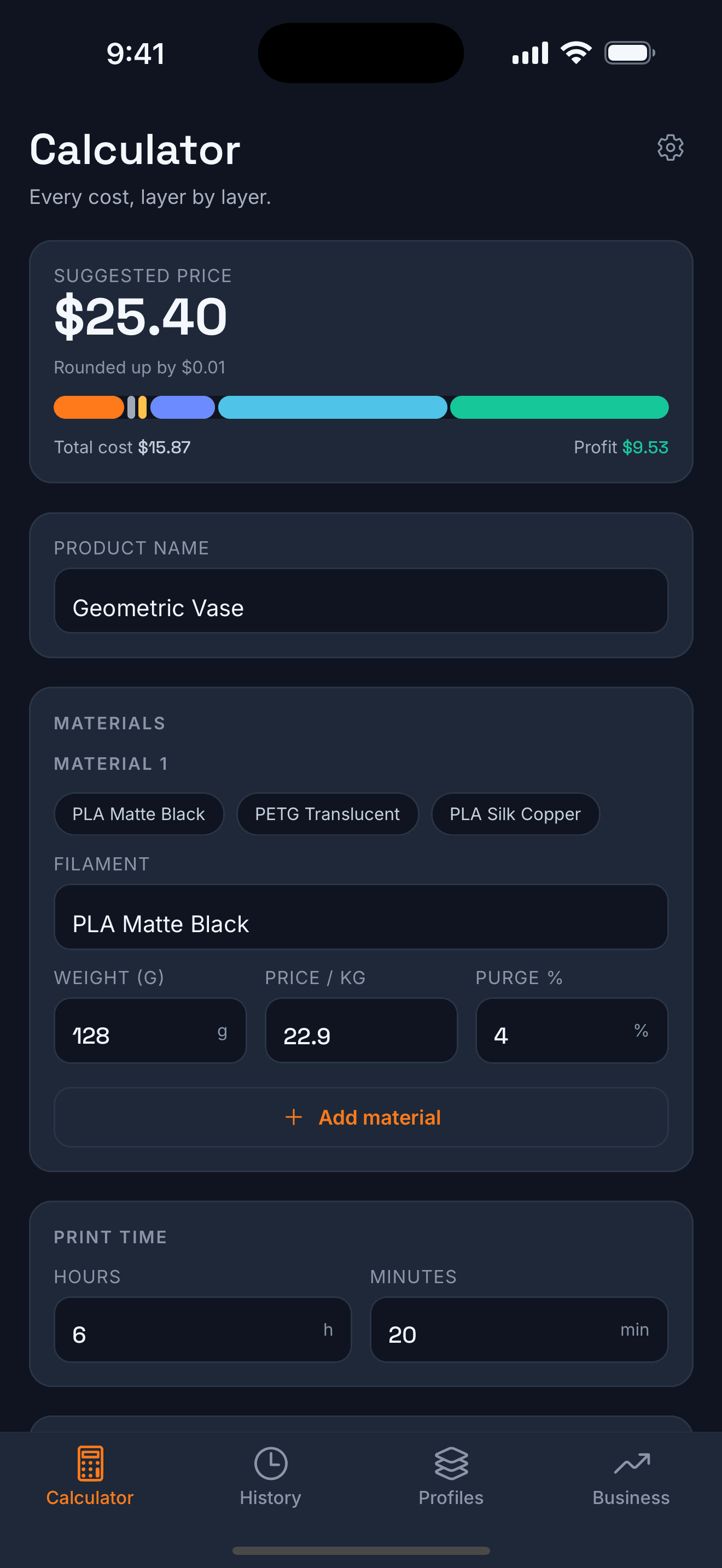 3D Print Profit Calculator Result